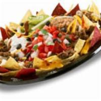 Chicken Nachos Grande · 
Corn tortilla chips topped with cheddar and pepper jack cheese, homemade salsa fresca, refr...