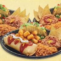Chimichanga Platter Meal · With a crispy beef taco, Mexi-fries, rice, and beans.