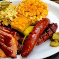 Dual Barrel Platter · Served with choice of 2 sides and 2 BBQ meats.