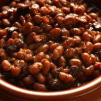 Baked Smoked BBQ Beans · Mixed beans ( Black, Pinto and Red Kidney ) onions , pork fat and stock  (12oz - 16oz)