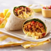 Breakfast Wrap with Meat, 3 Eggs and Cheese · Choice of meat from ham, sausage, bacon, turkey, salami, honey turkey. 