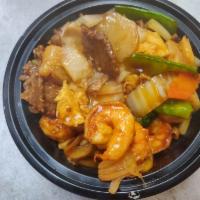 CS14. Family Delight · Jumbo shrimp, jumbo scallops, chicken tender, beef with mix vegetable cooked in brown sauce.