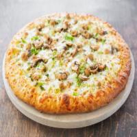 Our Choice Pizza · Basil pesto sauce, Italian sausage, mushrooms, broccoli, green peppers, and onion.