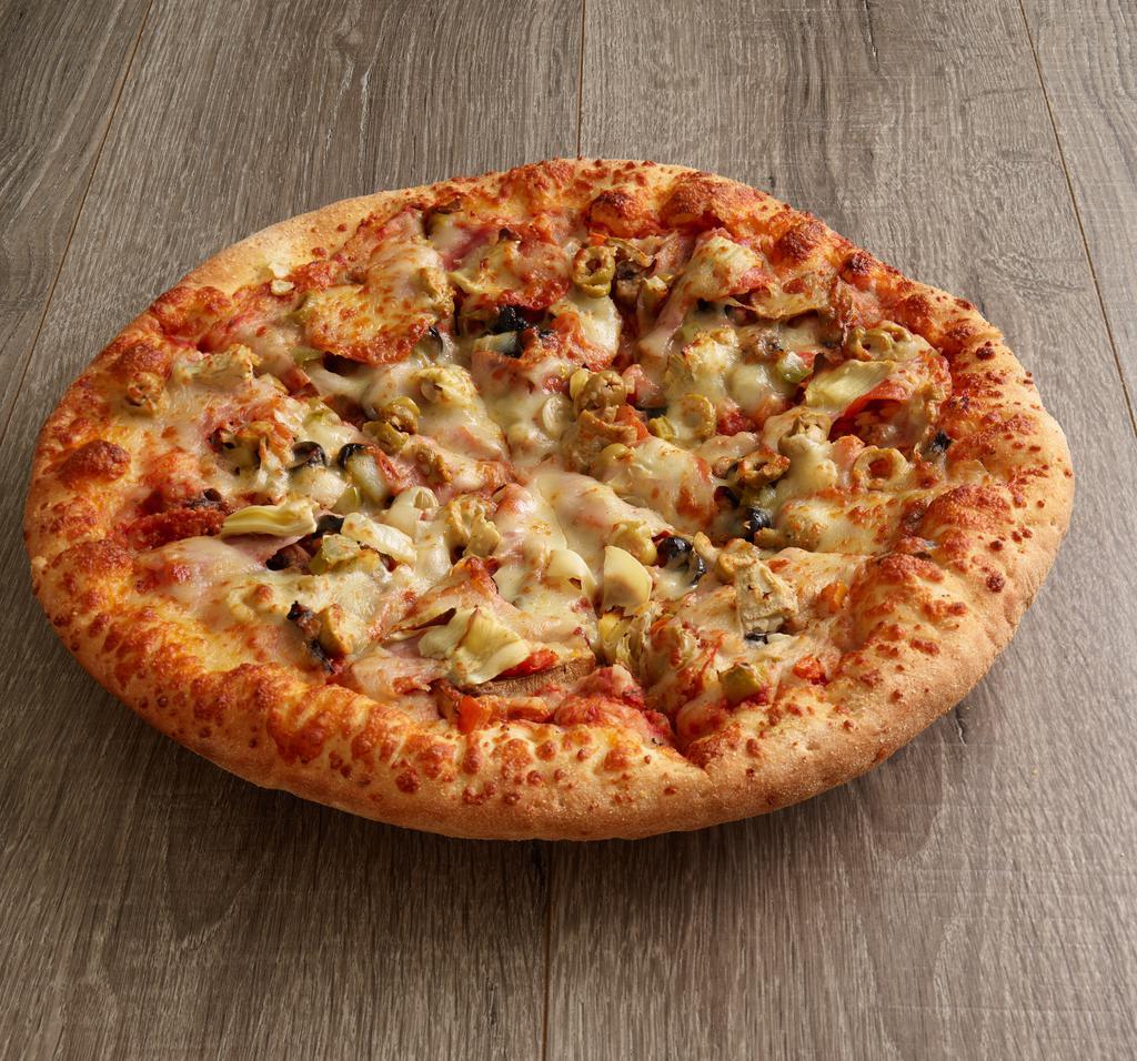 Super Combo Pizza · Pepperoni, Italian sausage, ham, beef, breakfast bacon, onion, green pepper, mushrooms, tomatoes, artichoke hearts, black olives and green olives. 