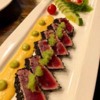 Black Sesame Tuna (App) 6pcs · Sesame Tuna with wasabi tartar sauce and tobiko.