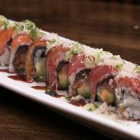 Out of Control Roll * · Yellowtail, tuna and avocado roll topped with tuna, salmon, eel, crunch, kabayaki sauce and ...