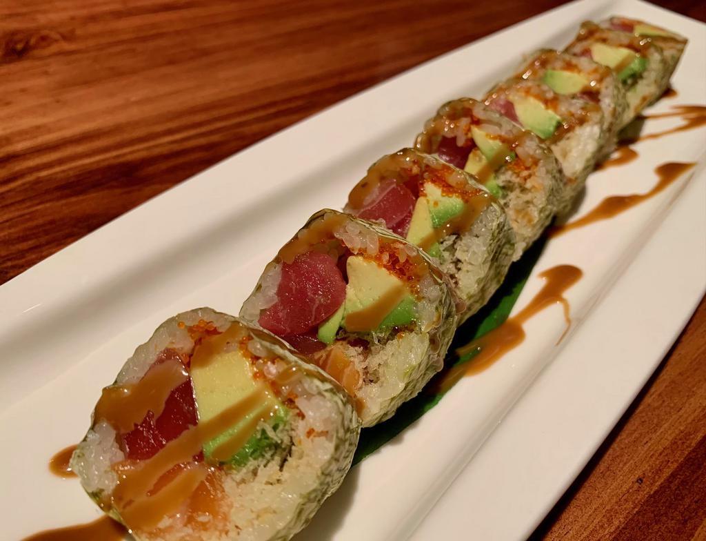 Osaka Special Rolls * · Tuna, Salmon, avocado, tobiko, and crunch wrapped in white seaweed paper w. chef's Special Wasabi Sauce