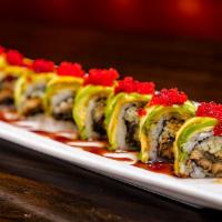 Classic Dragon Roll · Fresh water eel and cucumber roll, topped with avocado, kabayaki sauce and tobiko.