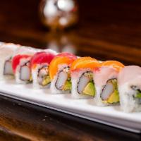 Classic Rainbow Roll · Avocado, cucumber and crab stick roll, topped with tuna, salmon, yellowtail, white fish and ...