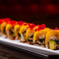 Golden Dragon Roll · Eel and avocado roll wrapped in mango slices, topped with tobiko and kabayaki sauce.