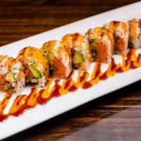 Ocean Roll · Kani, spicy tuna, eel, avocado, tobiko and crunch with sesame soy paper.