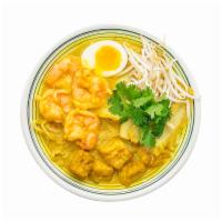 Spicy Signapore Laksa Noodle Soup · Egg noodle, shrimp, tofu, bean sprouts, egg, fish cake and cilantro. Mildly spicy.