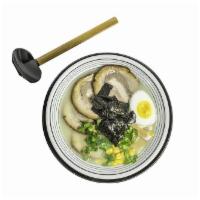 Pork Belly Ramen · Scallion, corn, seaweed, bamboo shoots and egg in Japanese pork broth