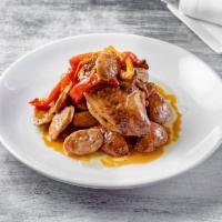 Pollo Scarpariello · Sauteed chicken, roasted peppers, potato, and sweet sausage.