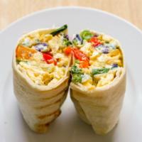 3. Veggie Wrap  · 2 Eggs, onions, peppers, tomatoes and mushrooms on a spinach wrap. 