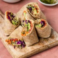 2. Vegetarian Wrap  · Green zucchini, yellow squash,  red, yello and green peppers, olives with hummus and olive o...