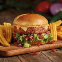 6. California Deluxe Burger  · Served with avocado mozzarella cheese and ranch dressing. 