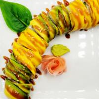17. NW Tropical Sunshine Roll · Crab salad, cucumber topped with mango and avocado.