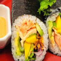 21. King of the West Roll · Seared salmon, avocado, cucumber, mango, green leaf, crunchy onion and spicy mayo.
