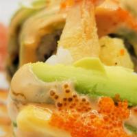 23. Beyond Tempura Roll · Tempura shrimp, cream cheese, cucumber, crab meat and topped with avocado slices, masago, sp...
