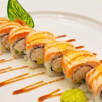 24. Melting Orange Roll · Avocado, cucumber, crab salad topped with seared salmon and sweet sushi sauce.