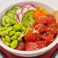 25. Tuna Poke Bowl · Tuna, homemade poke sauce, avocado, cucumber, radish, carrot, edamame, green onion, and sesa...