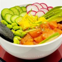 26. Salmon Poke Bowl · Salmon, homemade poke sauce, avocado, cucumber, radish, carrot, mango edamame, green onion, ...