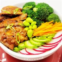 28. Chicken Teriyaki Bowl · Teriyaki chicken, broccoli, cucumber, radish, carrot, edamame, green onion, sesame seeds, an...