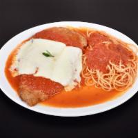 63. Chicken Parmigiana · Served with tomato sauce and melted mozzarella cheese.
