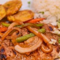 Pechuga a la Plancha / Grilled Chicken  · Grilled chicken breast with sauteed onions and peppers served with two sides.
