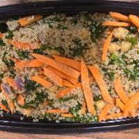 16 oz. Quinoa & Kale · Quinoa and chopped kale, chick peas, julienned carrots, chopped red onion and garlic tossed ...