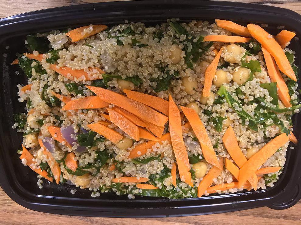 16 oz. Quinoa & Kale · Quinoa and chopped kale, chick peas, julienned carrots, chopped red onion and garlic tossed in olive oil and simply seasoned with sea salt and black pepper. 