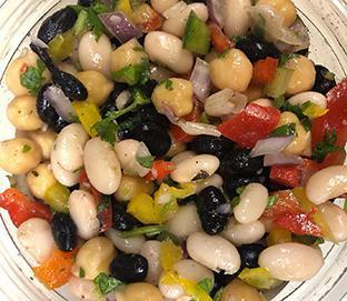 16 oz. Tex Mex Bean Salad · Black beans, Great Northern beans and chick peas tossed with chopped bell peppers and onions, 
 cilantro, lemon juice and oil.