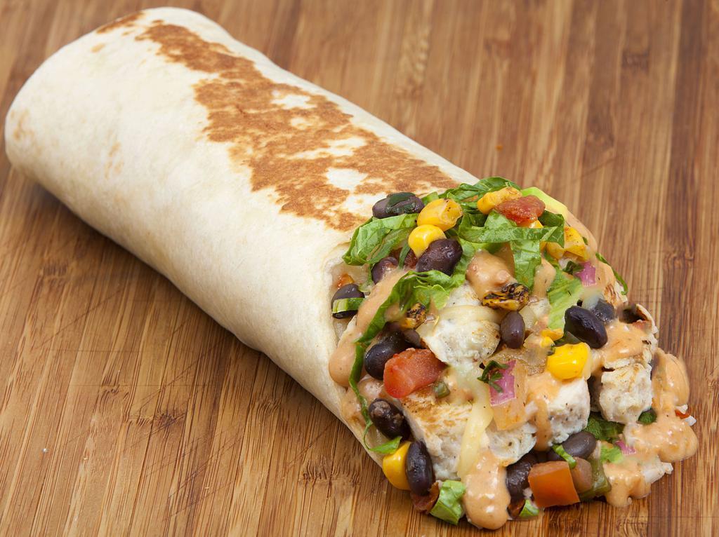 Chipotle Wrap · Pepper jack, black bean and corn salsa, grilled onions, romaine and chipotle ranch.