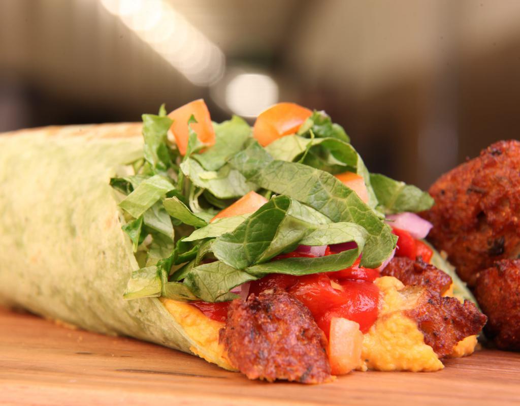 Falafel Hummus Wrap · Roasted red peppers, red onions, cucumber, romaine and tomatoes.