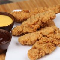 Chicken Strips with fries · Come with curly fries and topping sauce.