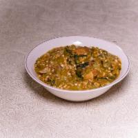 Okra Soup · Okra soup made with dried fish and mixed meat. Served with a side of your choice.