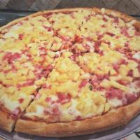 Hawaiian Pie · Fresh ham, pineapple, mozzarella with tomato sauce.