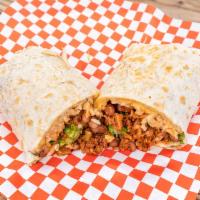 Breakfast Burrito · Your choice of meat, cheese eggs, potatoes and sour cream in a soft flour tortilla.