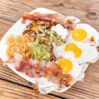 Huevos Rancheros · Four eggs, your choice of meat, beans, rice, guacamole, sour cream, pico de Gallo and cheese...