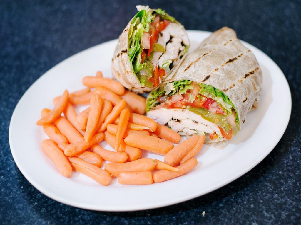 26. Grilled Chicken Wrap · Grilled chicken breast, leaf lettuce, tomato, roasted peppers and balsamic vinaigrette.