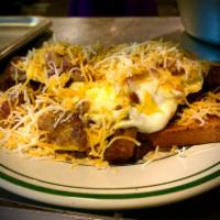Shamrock Shack Garbage Plate · 2 eggs, sausage, bacon, home fries and cheese with toast.