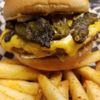 Angry Jalapeno & Fries · 1/3 lb. beef patty with roasted jalapeno sauce, lettuce, onion, American cheese and house sa...
