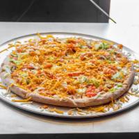 Taco Pizza · Seasoned ground beef, lettuce, tomato, crushed Doritos, shredded cheddar and mild sauce on t...