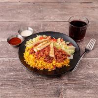 Large Chicken Over Rice Platter · Comes with salad, pita bread and can of soda or bottle water.