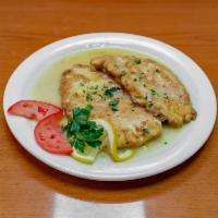 Chicken Francese · Egg breaded chicken breast in butter, lemon and wine sauce. Served with choice of side and g...