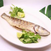 Pescado a la Parrilla · Whole Mediterranean Sea Bass, Fileted and Head Off, Grilled with Extra Virgin Olive Oil and ...