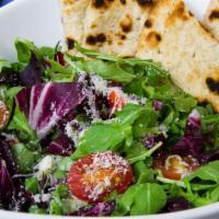 Arugula Salad · Baby Arugula, Radiccio, Tomato, Bermuda onions and Romano Cheese