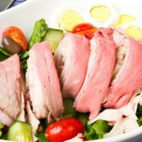 Chef Salad · Mixed greens, romaine lettuce, tomato, cucumber, Swiss cheese, ham, boiled egg, roast beef a...