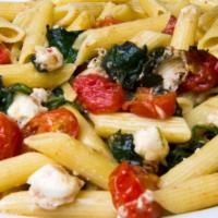 Santorini Pasta · Sauteed fresh tomato, virgin olive oil, fresh spinach and feta cheese served with penne pasta.